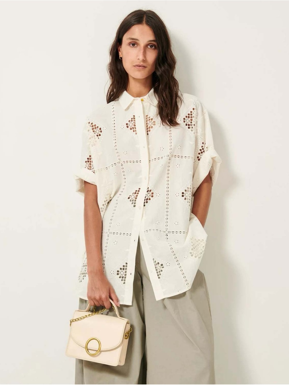 Relaxed Cream Eyelet Button-Down Shirt